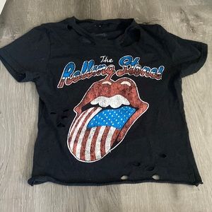 Denny’s red,blue, and white rolling stones ripped t shirt